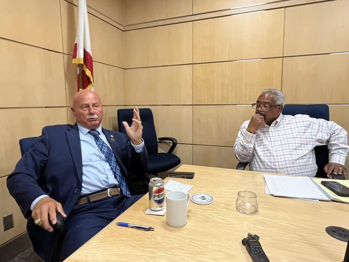Fresno Mayor Jerry Dyer, left, and transportation director Greg Barfield talk to The Fresno Bee at City Hall on July 15, 2026.